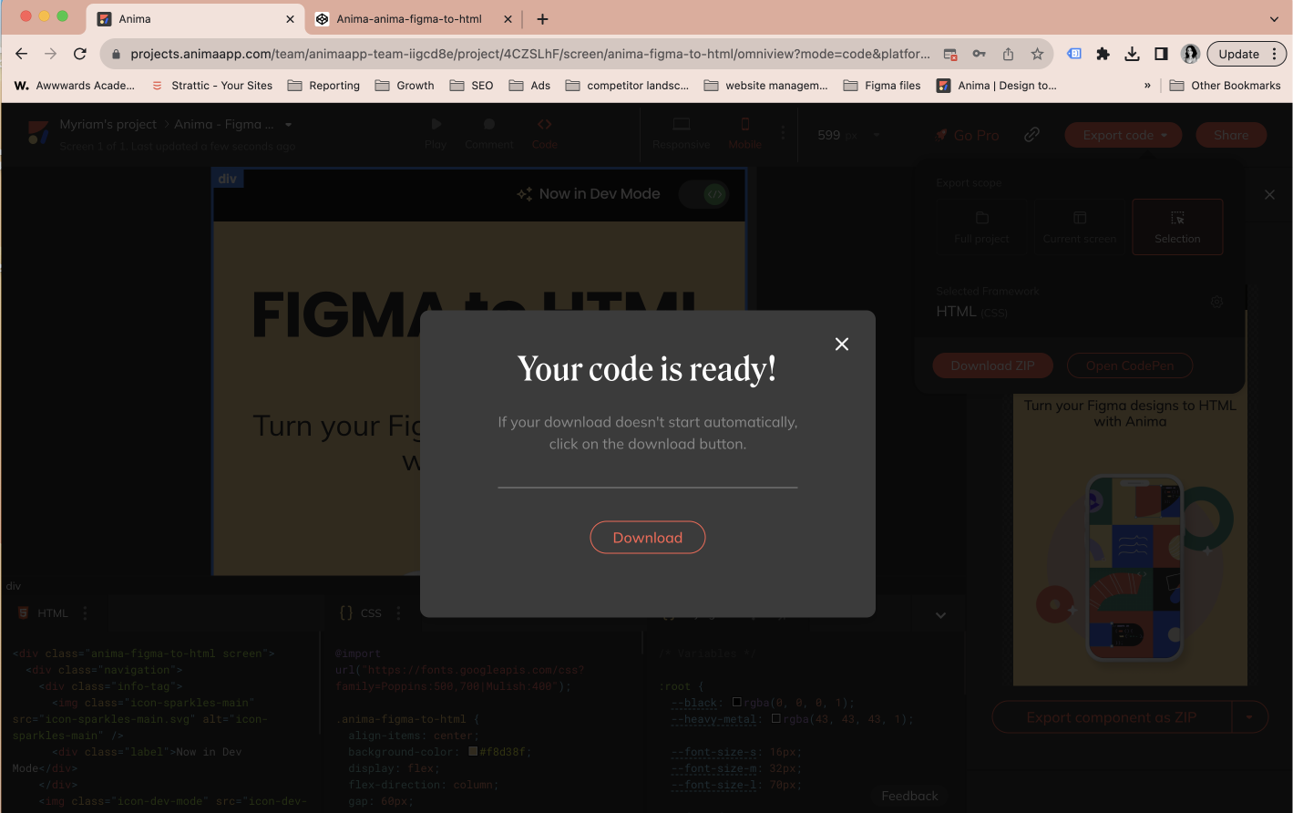 Message d'Anima indiquant que le code est prêt "your code is ready"