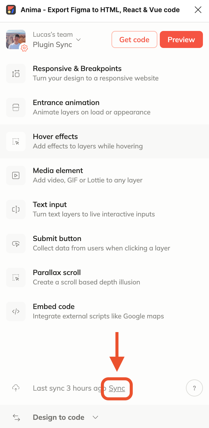 Syncing to Anima's web app from the Anima plugin for Figma