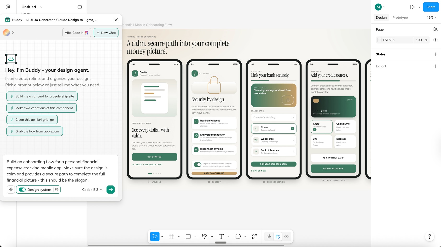 Buddy by Anima erstellt einen ruhigen Finanz-Onboarding-Flow direkt in Figma