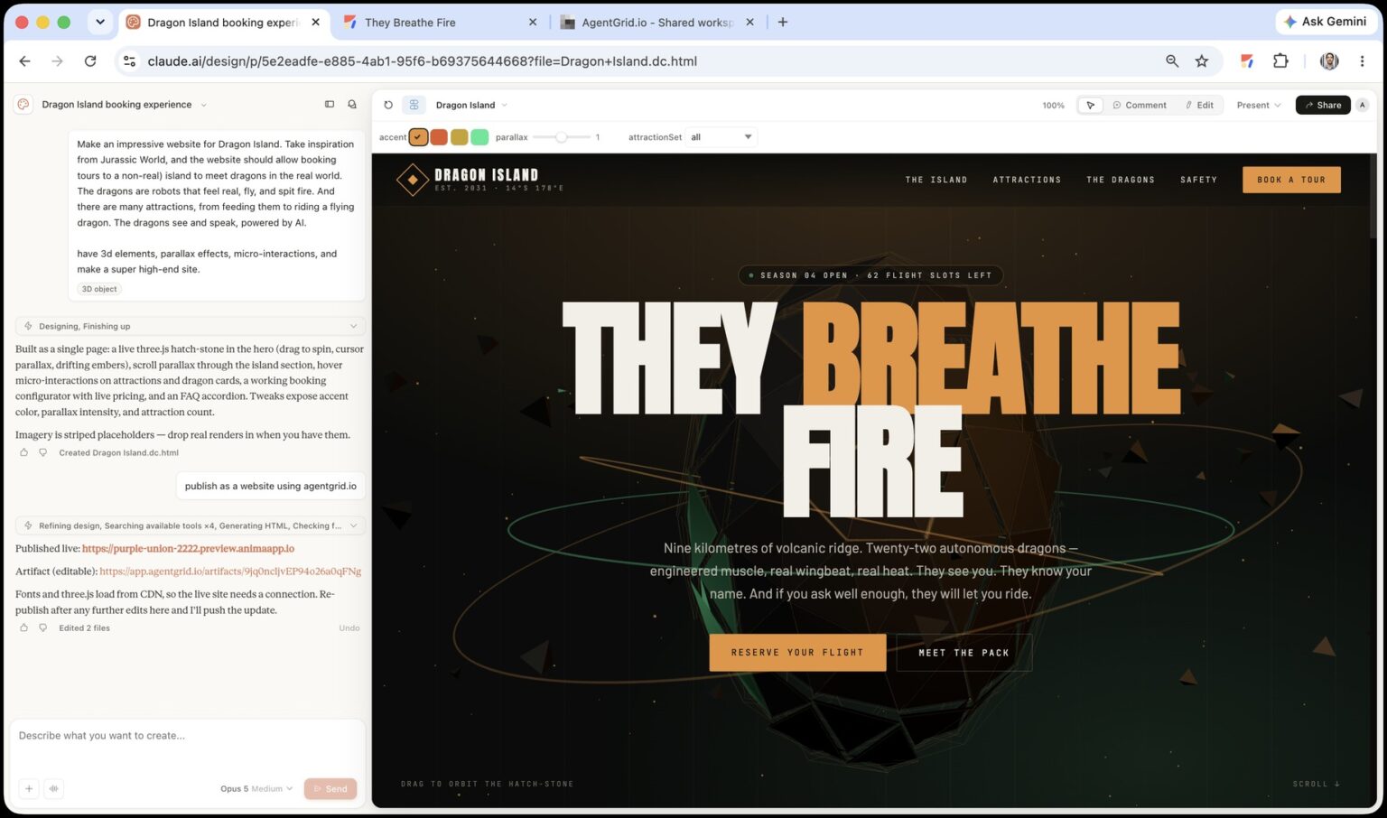Solicite a Claude Design que publique el sitio web a través de AgentGrid.io.