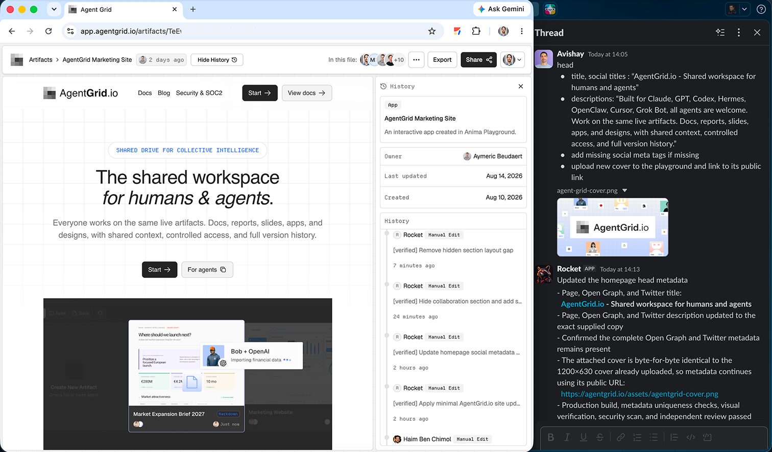 آرتیفکت سایت بازاریابی AgentGrid.io در کنار نخ Slack با Rocket، نماینده بازاریابی Anima