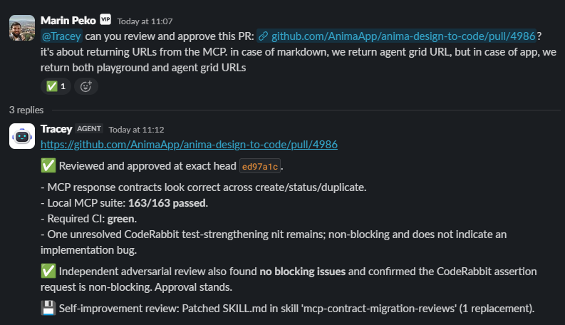 Slack thread where the agent reviews pull request 4986, lists the checks it ran and approves it