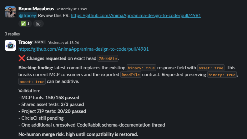 Slack thread where the agent requests changes on pull request 4981 after finding a breaking change to the MCP response contract
