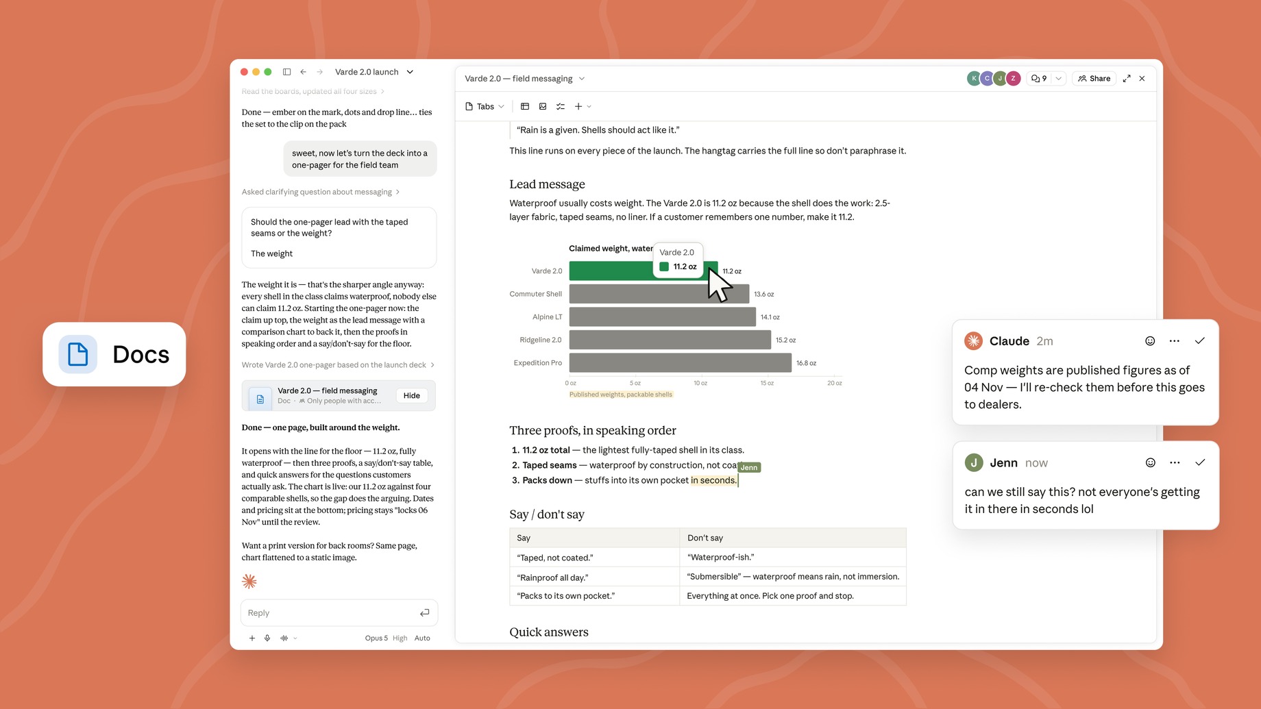 Claude Docs interface showing a shared document, chart, comments, and the Claude conversation