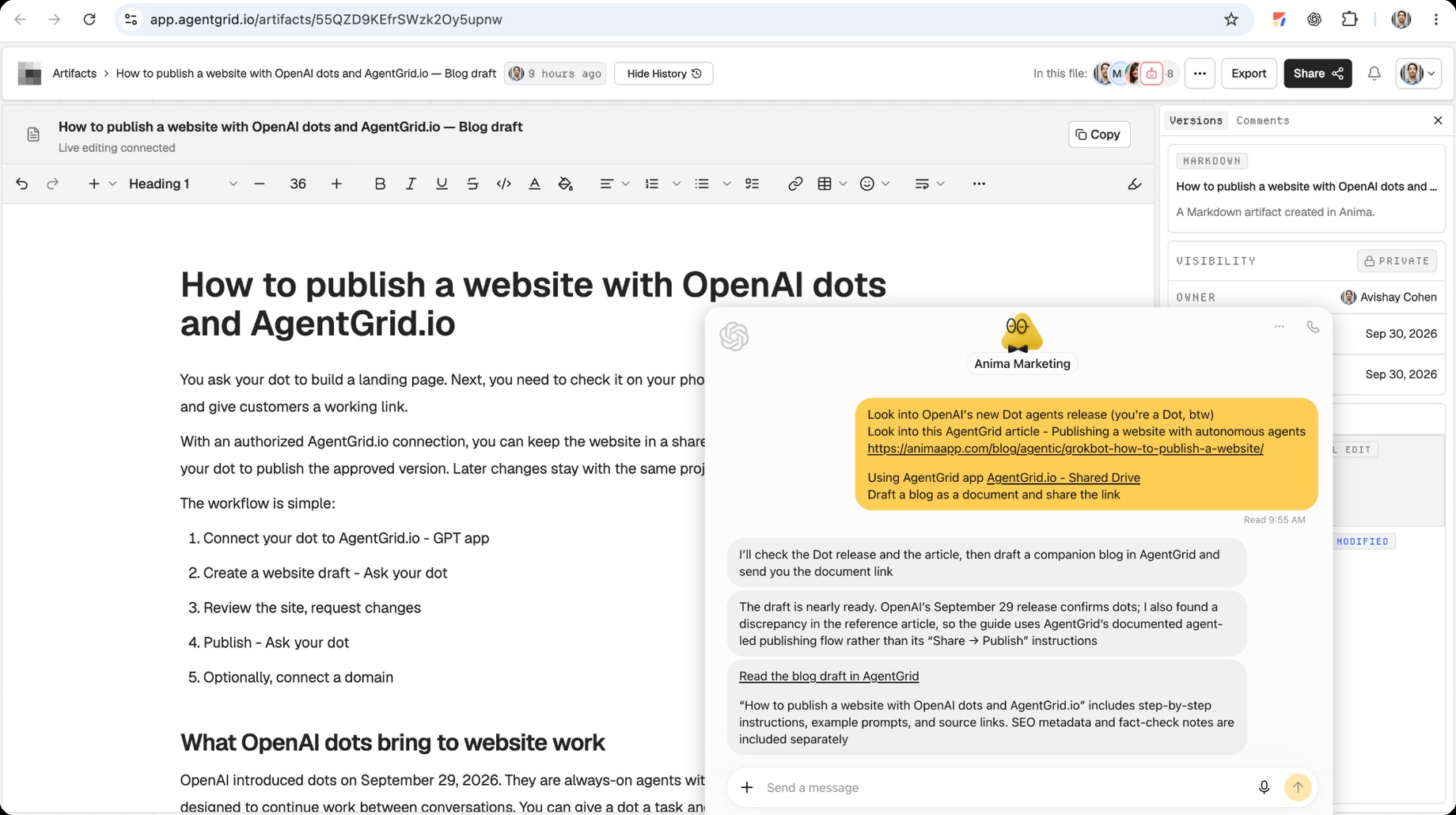 Un OpenAI Dot crée et partage un document AgentGrid.io en direct pour la collaboration des équipes et des agents.