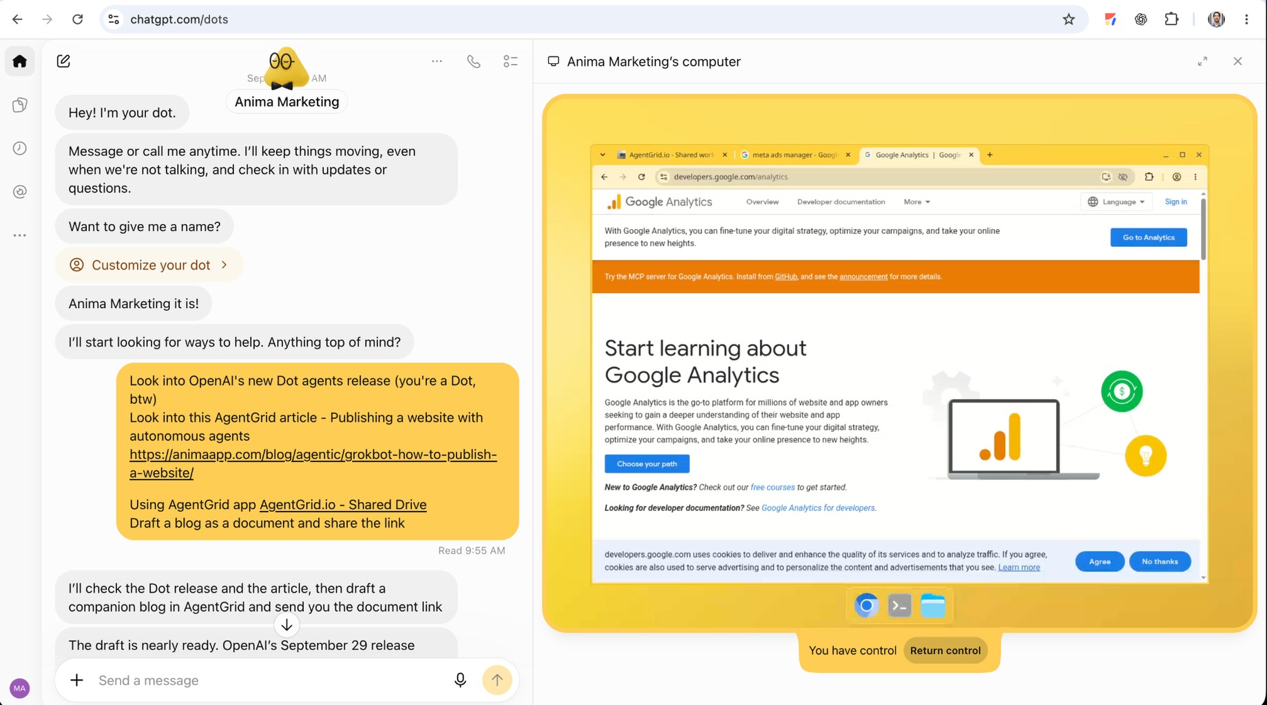 Un OpenAI Dot utilise son propre ordinateur cloud pour parcourir le Google Analytics pendant que l'utilisateur peut prendre le contrôle.