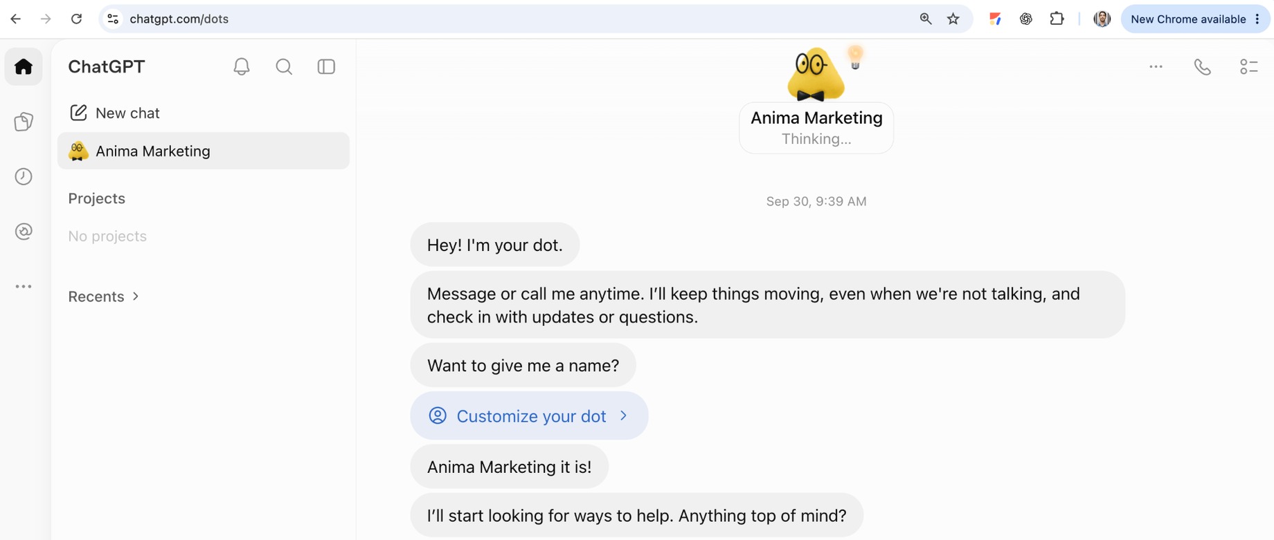 Un nouveau OpenAI Dot nommé Anima Marketing se présente dans ChatGPT et invite l'utilisateur à le personnaliser.