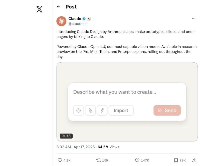 Claude (@claudeai) launch post, Apr 17 2026