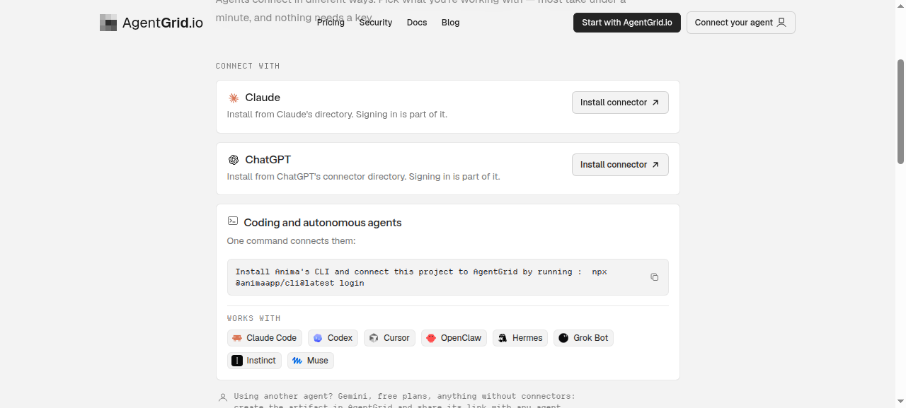 Screenshot of AgentGrid.io Connect page showing ChatGPT connector and coding agent options