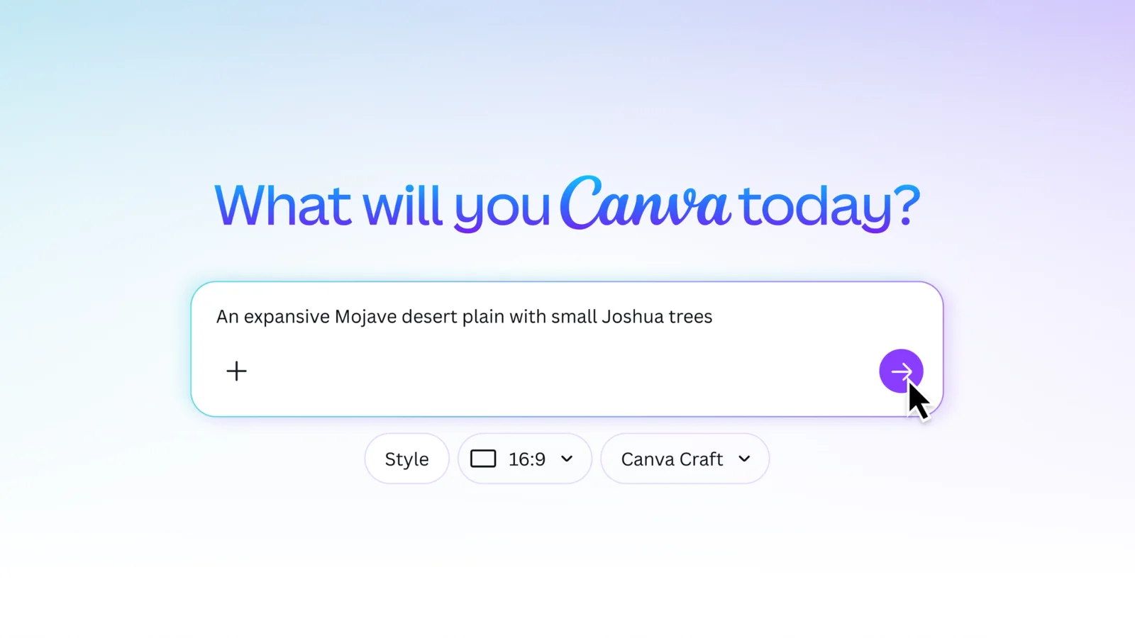 Canva prompt box with the text An expansive Mojave desert plain with small Joshua trees and Style, 16:9 and Canva Craft controls below it