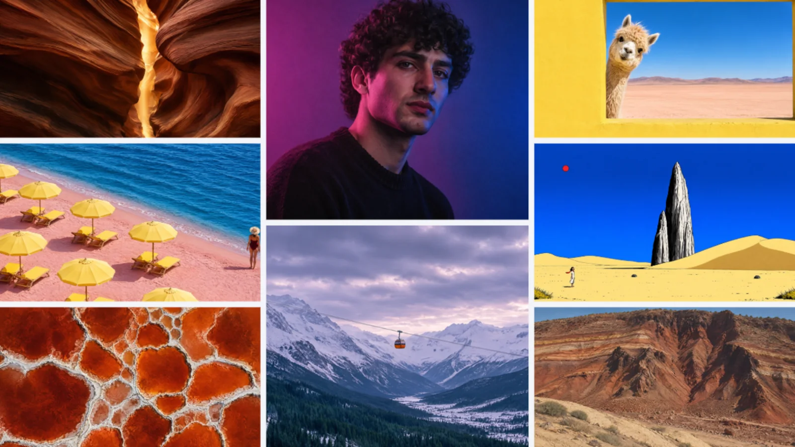 A grid of sample Canva Craft images: canyon landscapes, a portrait, a beach scene, a llama and desert architecture