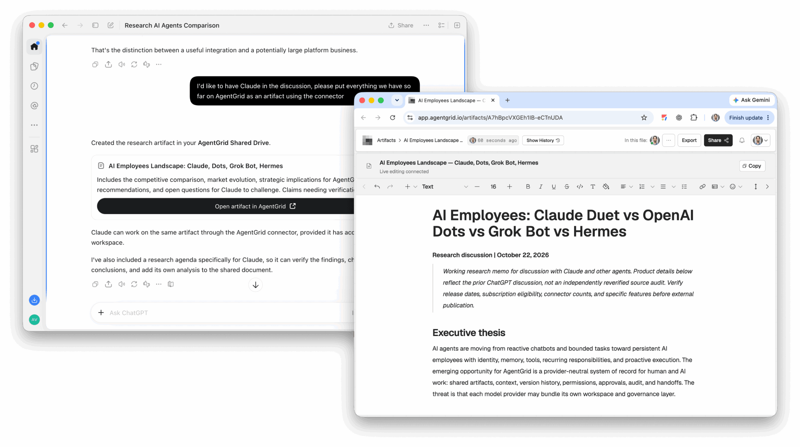 ChatGPT asks to put its current discussion in an AgentGrid.io artifact for Claude, with the resulting document open beside the chat