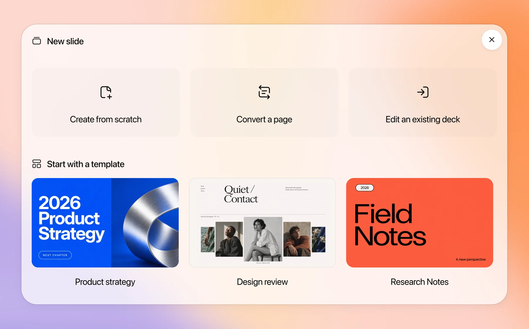 The New slide dialog in ChatGPT with Create from scratch, Convert a page, Edit an existing deck and three templates