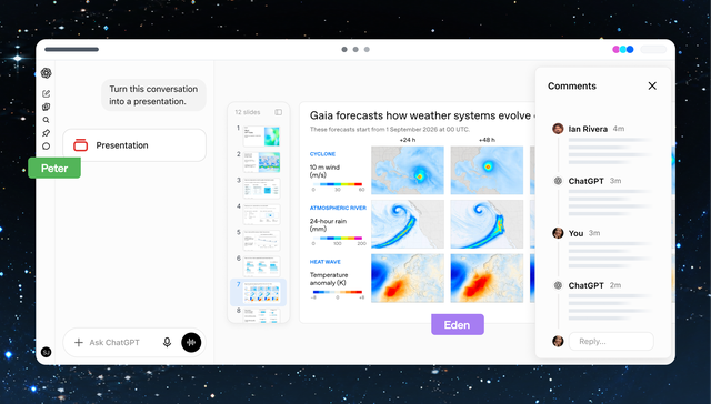 OpenAI illustration of a shared presentation with slides and comments in ChatGPT Space