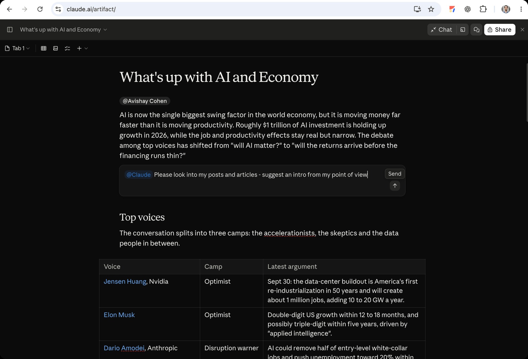 Claude Docs artifact showing an AI-generated report about AI and the economy, with a prompt addressed to Claude and a comparison table of industry voices.