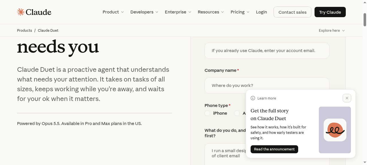 Claude Duet public product page and research-preview waitlist form in October 2026