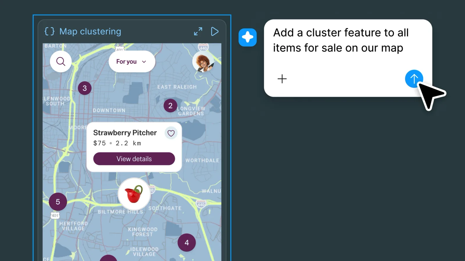 A Figma code layer showing a map prototype next to a Figma agent prompt asking to add clustering to items for sale