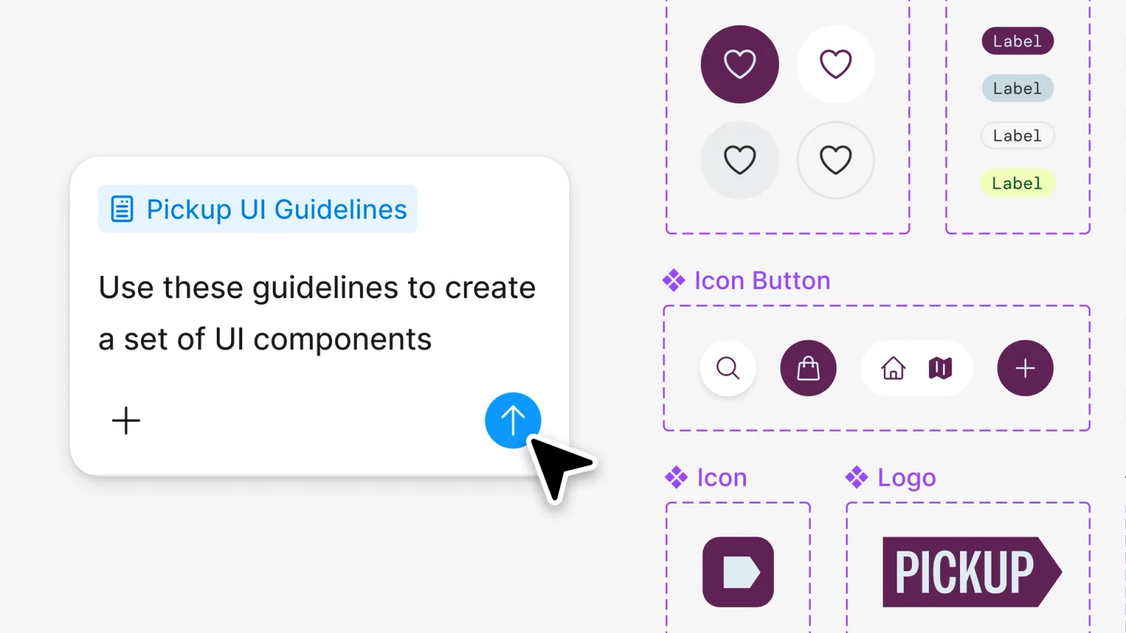 A Pickup UI Guidelines spec used in a Figma agent prompt to create UI components shown on the canvas