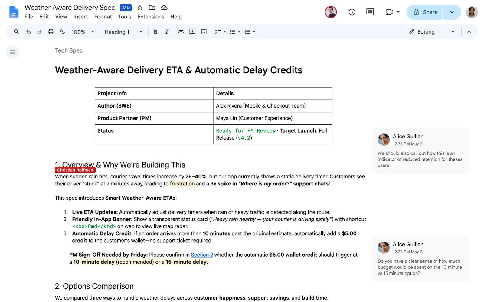 Google Docs bearbeitet eine native Markdown-Datei mit einem .md-Badge, einer formatierten Tabelle, Dokumenttext und Kommentaren von Mitarbeitern