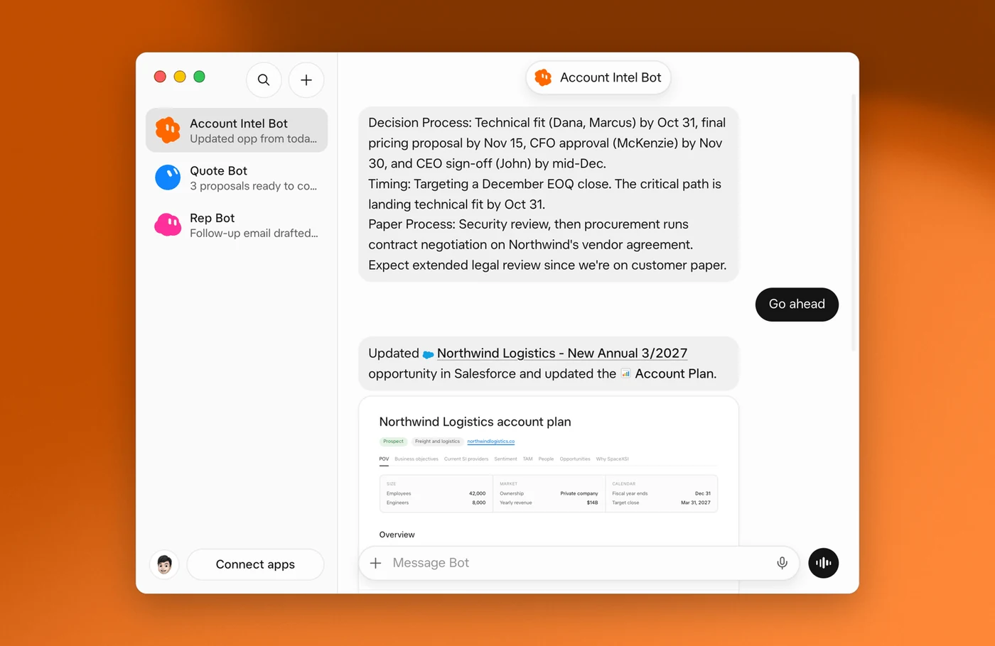 Grok Bot desktop app showing Account Intel Bot, Quote Bot and Rep Bot in the sidebar, with Account Intel Bot reporting that it updated a Salesforce opportunity and an account plan