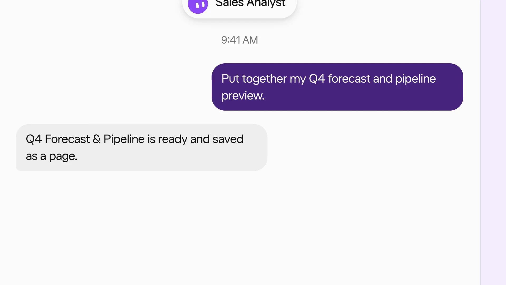 ユーザーがQ4予測を頼み、BotがPageの準備ができたと返信しているGrok Botのチャット