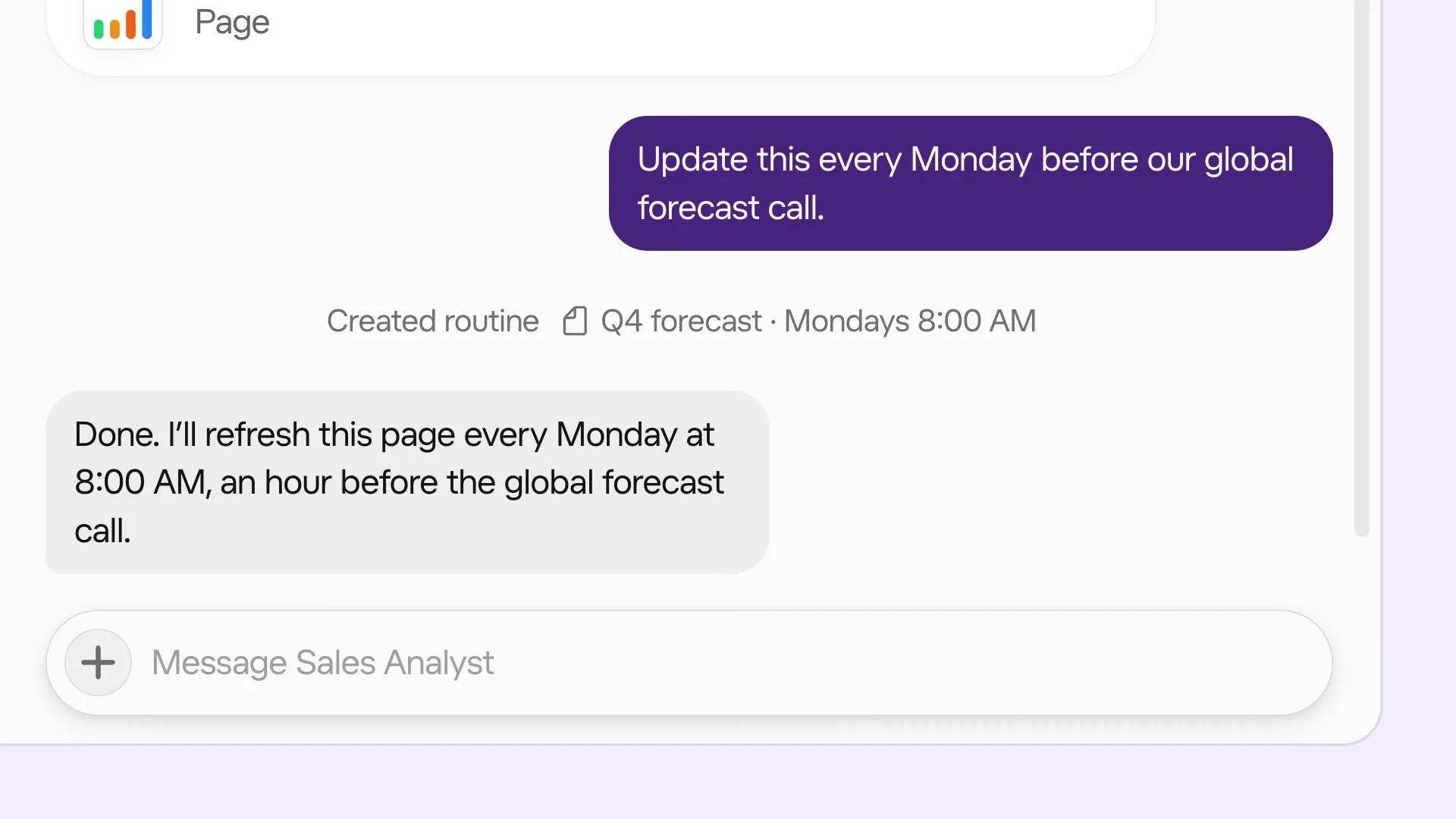 ユーザーがGrok Botに毎週月曜にPageを更新するよう頼み、Botが毎週月曜午前8時のルーティンを作成している様子