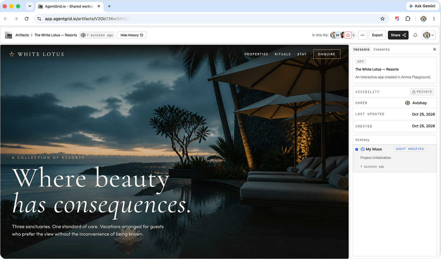 The White Lotus website draft shared on AgentGrid.io by Muse