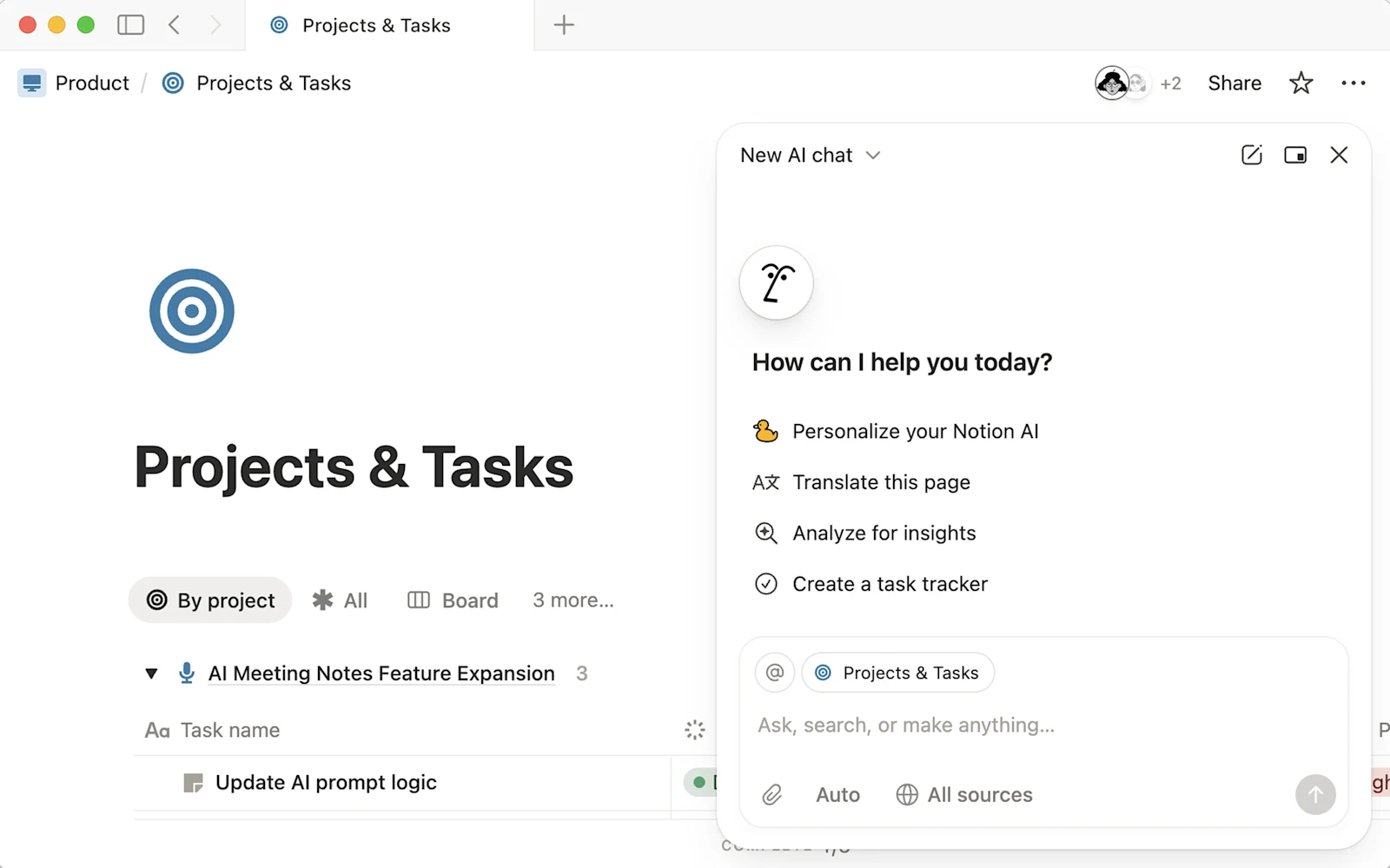Notion Agent chat panel open beside a Projects and Tasks database, with Auto model and All sources controls